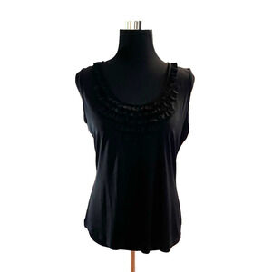 Vintage Suzie Top Blouse Sleeveless Black Ruffled Front Sz L Knit Stretch